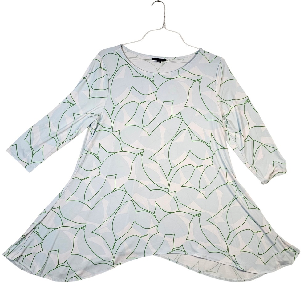 Alfani Womens Large Blue Green Abstract Leaf Sharkbite Hem 3/4 Sleeve Tunic Top